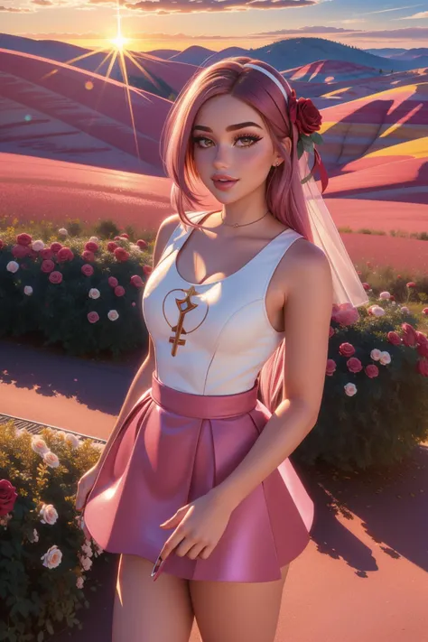 1girl, professional Photograph, Romantic, full shot of a Tedious Glam Burgundy, Platinum and Dusty Rose ("The life of Saint Peter":1.3) , Appealing Painted Hills in background, Skater flowers with Roses, Foggy, split diopter, Wonder, Art & Language, Sun Rays, HDR, Kodak gold 200, L USM, complementary colors, Encaustic Paint, symbolism, Unsplash, beautiful