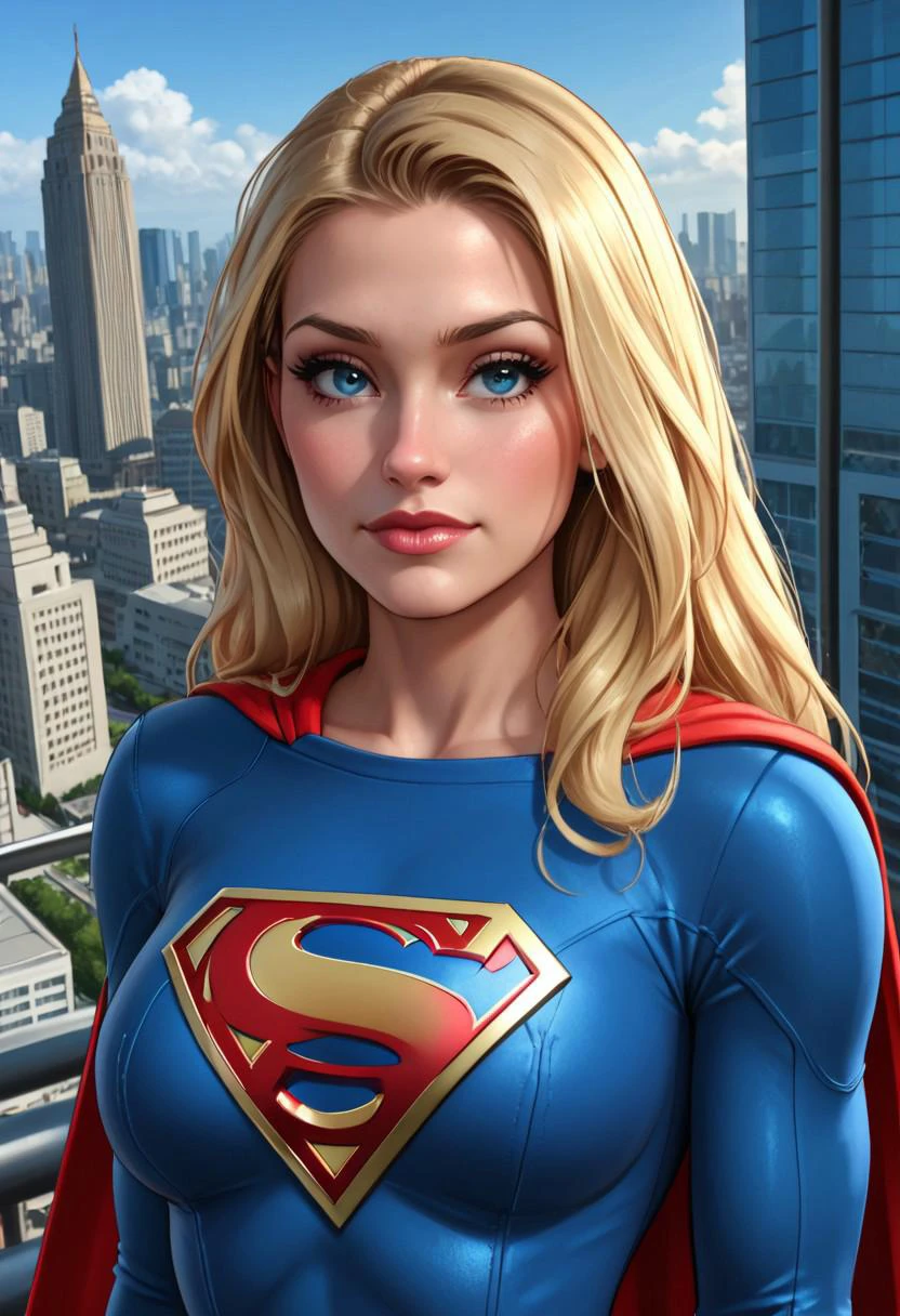 supergirl, upper body, blonde hair, upper body, city background, stylized, sharp, extreme detailed, HD, HDR, , masterpiece, high quality, high resolution, breathtaking, award-winning, professional, sleeves past wrists, ((closed mouth)),
