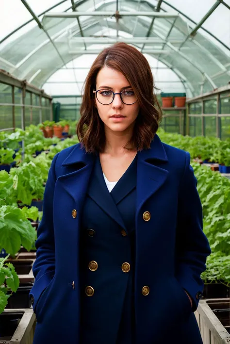 A stunning intricate full color portrait of a beautiful woman, wearing a navy blue coat, overgrown greenhouse<lora:epiNoiseoffset_v2:1>, glasses, epic character composition,by ilya kuvshinov, alessio albi, nina masic,sharp focus, subsurface scattering, f2, 35mm, film grain <lora:kwinters15:1>