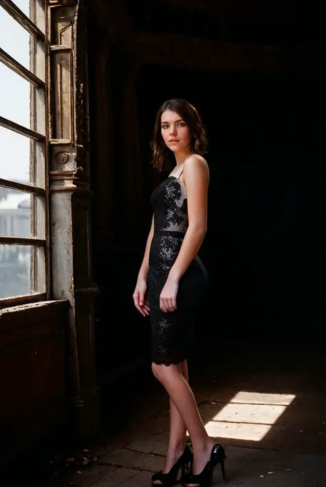 A full color portrait of a beautiful 18 year old woman, wearing a sleek black cocktail dress with lace detailing, decaying theater, <lora:epiNoiseoffset_v2:1>, natural lighting, epic character composition,by ilya kuvshinov, alessio albi, nina masic,sharp focus, subsurface scattering, f2, 35mm, film grain <lora:kwinters15:1>