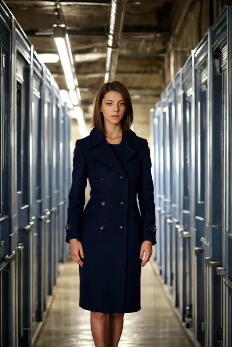 Instagram picture of a beautiful woman, wearing a navy blue coat, in a murky storeroom, natural lighting, epic character composition,by ilya kuvshinov, alessio albi, nina masic,sharp focus, subsurface scattering, f2, 35mm, film grain <lora:kwinters15:1>