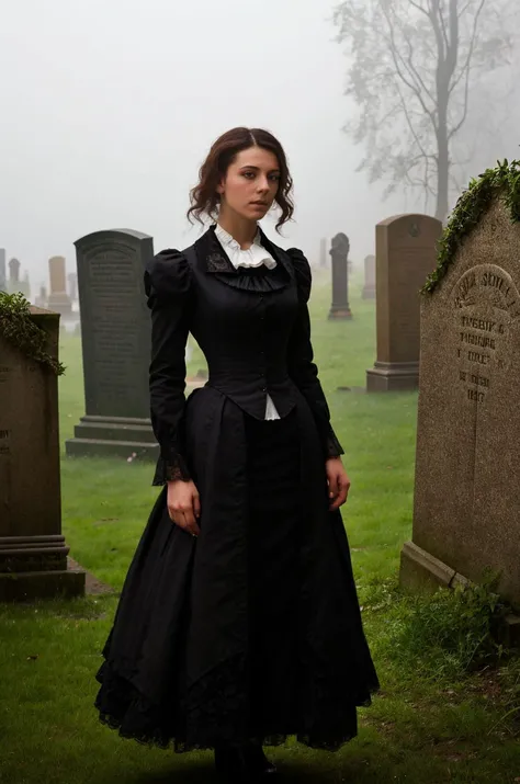 A stunning intricate full color picture of a beautiful woman, Victorian mourning dress in a foggy cemetery, portait, epic character composition,by ilya kuvshinov, alessio albi, nina masic,sharp focus, subsurface scattering, f2, 35mm, film grain<lora:kwinters15:1>