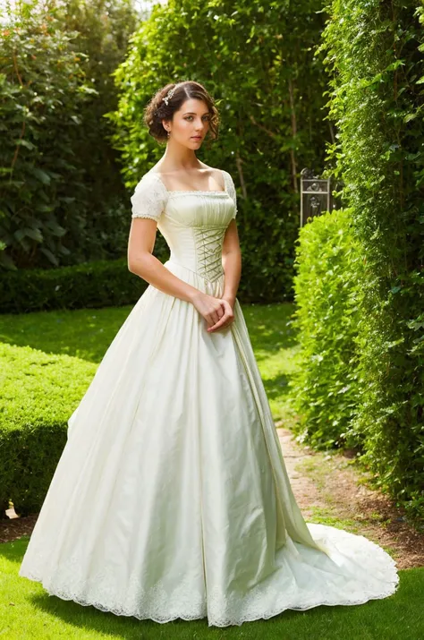 A stunning intricate full color picture of a beautiful woman, Regency era dress in a lush estate garden, portait, epic character composition,by ilya kuvshinov, alessio albi, nina masic,sharp focus, subsurface scattering, f2, 35mm, film grain<lora:kwinters15:1>