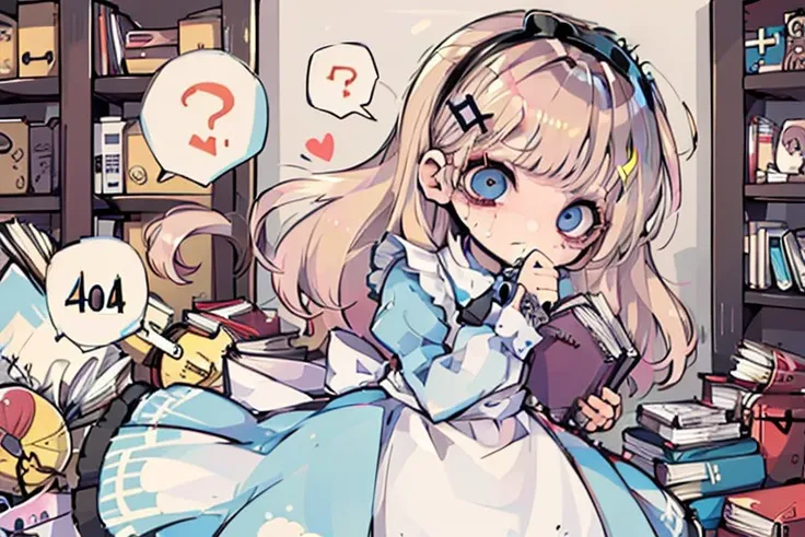 1girl, solo, (?, ??,!?:1.2), chibi, (alice liddell:1.4), dress, seek, search, bookshelf, book, toy, toybox,
head tilt, confused, panicking, , spoken musical note, spoken question mark, anguish,
<lora:alice_liddell_v2:0.1:0:lbw=LoraBase><lora:404:1:0:lbw=LoraBase> (Incrs404:2.1), english text,