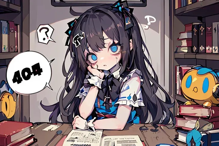 1girl, solo, (?, ??,!?:1.2), chibi, (alice liddell:1.4), dress, seek, search, bookshelf, book, toy, toybox,
head tilt, confused, panicking, , spoken musical note, spoken question mark, anguish,
<lora:alice_liddell_v2:0.15:0:lbw=LoraBase><lora:404:0.6:0:lbw=LoraBase> (Incrs404:2.1), english text,