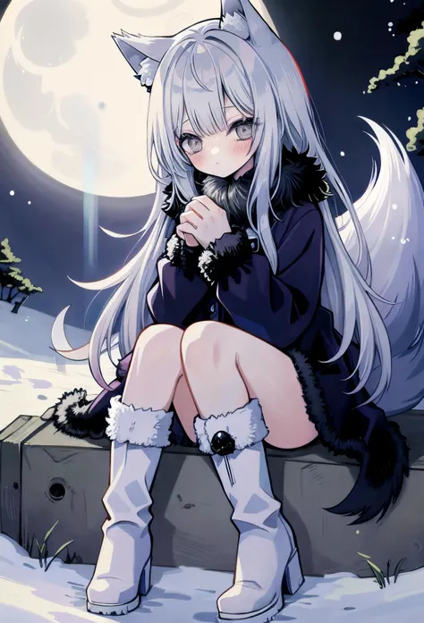 <lyco:GoodHands-beta2:1.0>, (nice hands, perfect hands), pet wolf and wolf girl, blush, long hair, disheveled hair, silver hair, silver eyes, wolf ears, wolf tail, fur coat, fur boots, holding a wolf, sitting, full body, moon, night, snowfield,