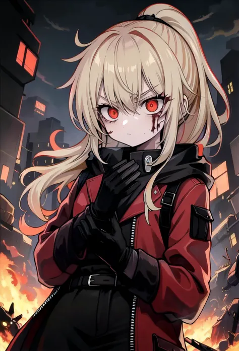<lyco:GoodHands-beta2:1.0>, (nice hands, perfect hands), (shiny skin, shiny body, shiny oily luster skin, shiny hair, pale skintone), battlefield , in battlefield, Don't look at the view , 1girl, Blonde hair , Ponytail hair tie , Red eyes , Black long coat , black gloves , Angry facial features , dirty clothes , some wounds , Red Radiant lighting, ruins, post-apocalypse,