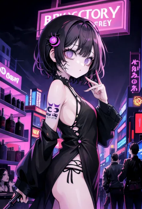 <lyco:GoodHands-beta2:1.0>, (nice hands, perfect hands), cybercity(green and purple background,big buildings,neon signs, open bars, prostitutes offering themselves)1girl,black suit,sleveless,sidbob,short black undercut hair,one arm sleveless,mechanical arm,mechanical eye,holding a cyber gun,looking to side,scar in face,black tatoo under eyes,dragon tatoo in arm