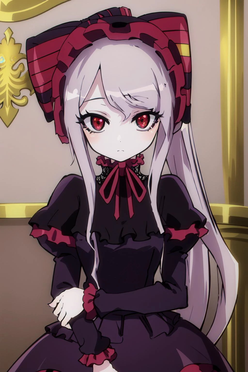 (masterpiece, best quality), intricate details, (fractal art:1.2),
<lora:Shalltear_V1.0_anylora30step:0.8> shalltear, bonnet, hair bow, black dress with red frills