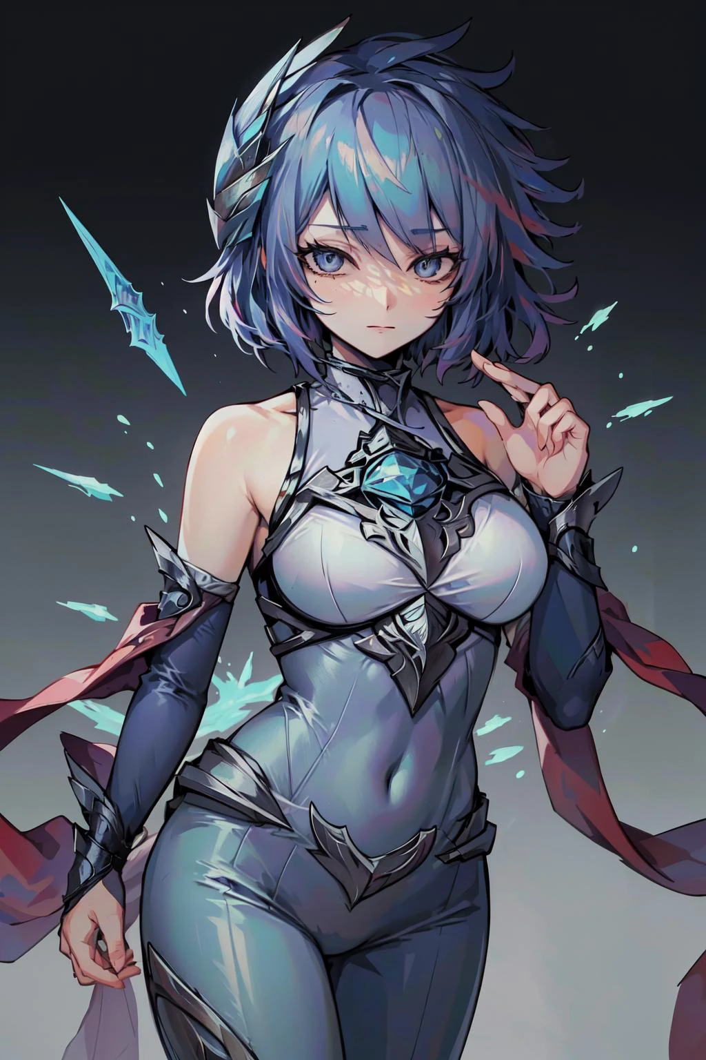 (masterpiece, best quality), intricate details, (fractal art:1.2),
<lora:Frostblade_Irelia:0.8> frostblade irelia, 1girl, short hair, blue hair, bodysuit, detached sleeves,
