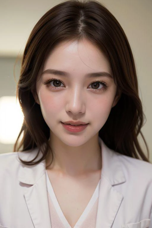 (Cowboy shot:1.2), smiling elegant slim asian woman, Japanese, wearing (((open labcoat over scrubs))), brown hair, (ehegao, blush:1.5), (modern hospital room), photo, 1girl, ultra high res, realistic photorealistic, ultra-detailed, finely detailed, high resolution, perfect dynamic composition, (perfect eyes), (detailed eyes), solid circle eyes, ccurate, sparkling eyes, (clean eyes), anatomically correct, super detail, textured skin, extremely detailed face and eyes, detailed facial features, ((perfect face)),