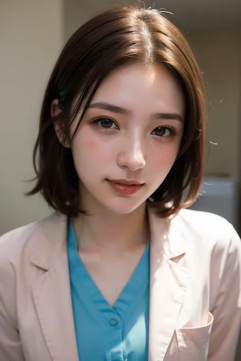 (Cowboy shot:1.2), smiling elegant slim asian woman, Japanese, wearing (((open labcoat over scrubs))), brown hair, (ehegao, blush:1.5), (modern hospital room), photo, 1girl, ultra high res, realistic photorealistic, ultra-detailed, finely detailed, high resolution, perfect dynamic composition, (perfect eyes), (detailed eyes), solid circle eyes, ccurate, sparkling eyes, (clean eyes), anatomically correct, super detail, textured skin, extremely detailed face and eyes, detailed facial features, ((perfect face)), JP_MODELS