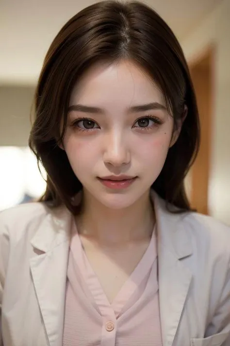 (Cowboy shot:1.2), smiling elegant slim asian woman, Japanese, wearing (((open labcoat over scrubs))), brown hair, (ehegao, blush:1.5), (modern hospital room), photo, 1girl, ultra high res, realistic photorealistic, ultra-detailed, finely detailed, high resolution, perfect dynamic composition, (perfect eyes), (detailed eyes), solid circle eyes, ccurate, sparkling eyes, (clean eyes), anatomically correct, super detail, textured skin, extremely detailed face and eyes, detailed facial features, ((perfect face)), JP_MODELS