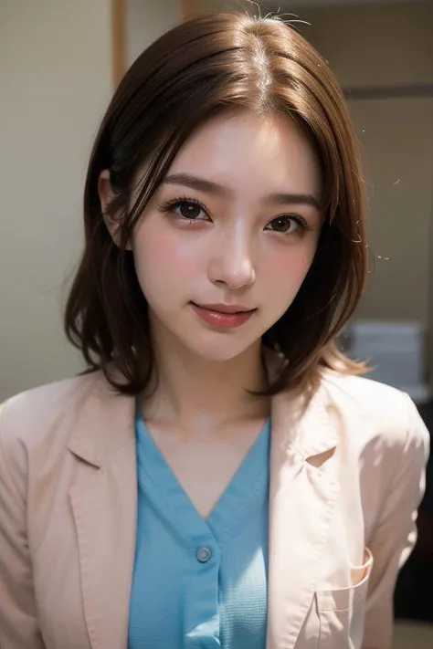 (Cowboy shot:1.2), (ehegao, blush:1.5), smiling elegant slim asian woman, Japanese, wearing (((open labcoat over scrubs))), brown hair, , (modern hospital room), photo, 1girl, ultra high res, realistic photorealistic, ultra-detailed, finely detailed, high resolution, perfect dynamic composition, (perfect eyes), (detailed eyes), solid circle eyes, ccurate, sparkling eyes, (clean eyes), anatomically correct, super detail, textured skin, extremely detailed face and eyes, detailed facial features, ((perfect face)), JP_MODELS