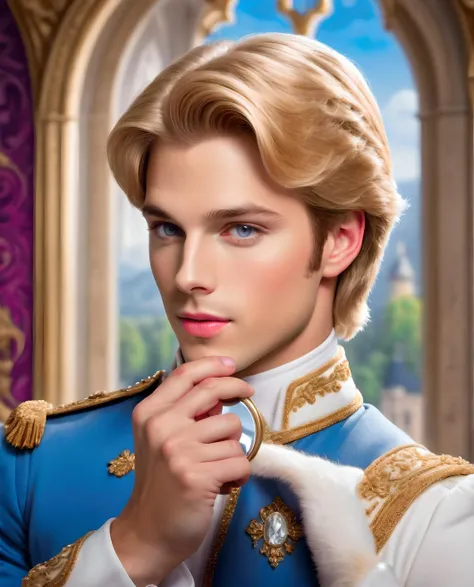 <lora:Prince_Charming_-_Shrek:1> Prince Charming from Shrek Movies , cinematic cartoon scene, looking at hand mirror, holding a hand mirror, interior royal palace background, seductive, sexy, day time, 4k, 8k, HD, high quality, masterpiece, best quality, , minmax face, majestic face, sexy face, blonde hair, Photograph, HD, photo,