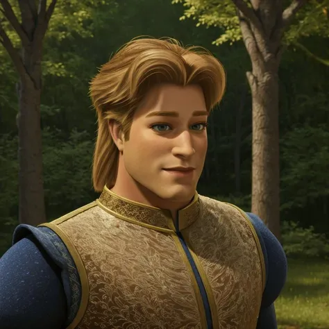 <lora:Prince_Charming_-_Shrek:1> Prince Charming from Shrek Movies , cinematic cartoon scene, looking at viewer, forest background, seductive, sexy, day time, 4k, 8k, HD, high quality, masterpiece, best quality, 3D rendering, 3D animation, DreamWorks Shrek style, minmax face, majestic face, sexy face, blonde hair, ,
