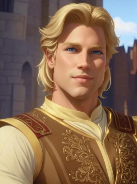 prince charming from shrek 2, looking at view, portrait, winking, blonde hair, HD, 4k, masterpiece,  high quality, best quality, human, 3D, 3d animation, 3d rendering, dreamworks, HD, High quality, 4k, 8k