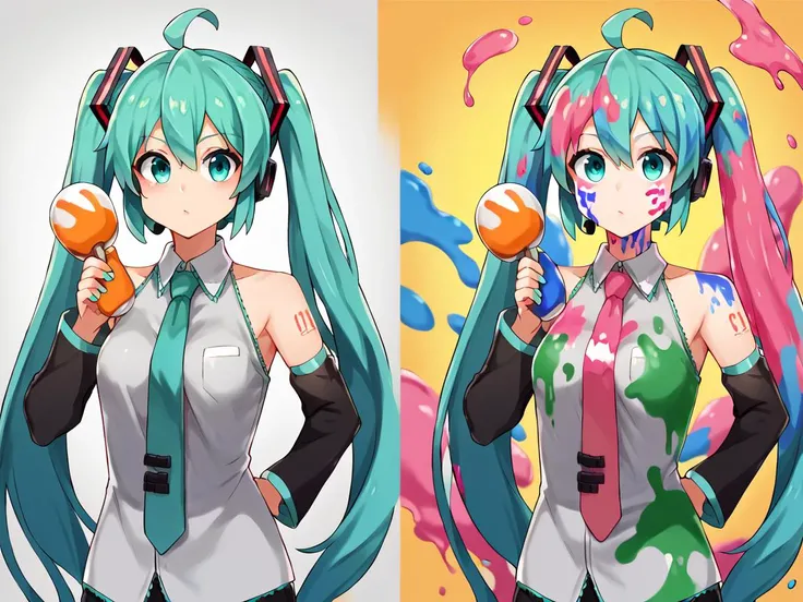 score_9, score_8_up, score_7_up, score_6_up, score_5_up, score_4_up, 1girl, hatsune miku, (before and after paint bukkake:1.2), (excessive paint dump:1.4), upper body, (completely covered in paint:1.2), projectile paint, miku gets covered in paint, multicolored paint, abstract background, excessive paint splash, thick goopy trails of paint drooping down on miku from above,
<lora:cumbahXLP-v1-000002:1.0><lora:Style_Asanagi_XLS_ff:0.6>