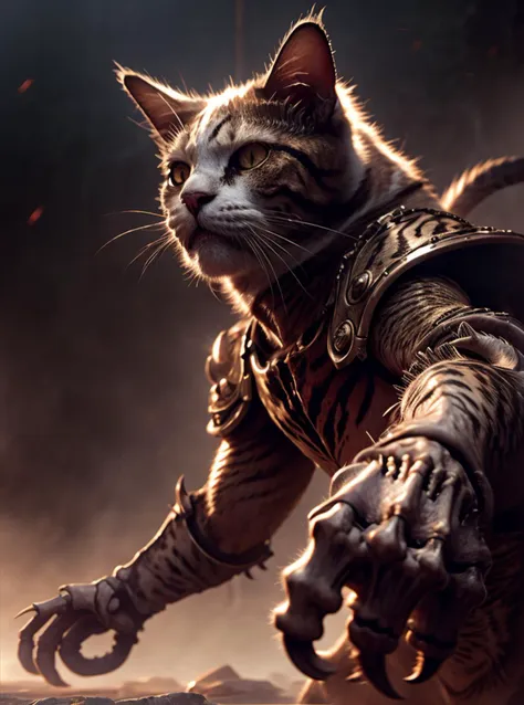 Masterpiece, Best Quality, (photorealistic:1.4), Cat Fighter, Morphing skulls, Fleshy skeletal, highly detailed saturated, Savage, Armor, Evil Cat <lora:BWarrior:0.8>