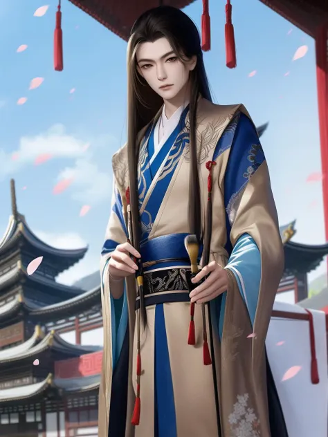 Best quality, masterpiece, highly detailed wallpaper,1boy, male focus, paintbrush, long hair, solo, holding brush, sky, holding, architecture, day, holding paintbrush, outdoors, blue sky, east asian architecture, scroll, petals, standing, brown hair, calligraphy brush, looking at viewer, black hair, chinese clothes, brown eyes, wide sleeves, long sleeves, tassel, watermark