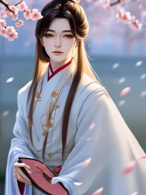 Best quality, masterpiece, highly detailed wallpaper, long hair, hair ornament, long hair, brown hair, solo, hand fan, 1boy, hair ornament, petals, brown eyes, holding fan, outdoors, blurry background, holding, blurry, wide sleeves, standing, chinese clothes, falling petals, long sleeves, looking at viewer, cherry blossoms, hair bun, tassel, fur trim, day, folding fan, flower, single hair bun, hair stick, 1boy