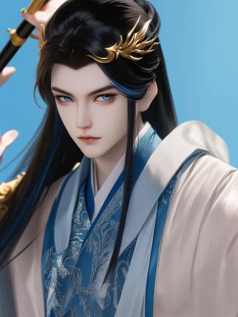 Best quality, masterpiece, highly detailed wallpaper, long hair, hair ornament, solo, 1boy, upper body, male focus, black hair, blue eyes, holding, looking at viewer, weapon, blue background, blue hair, chinese clothes