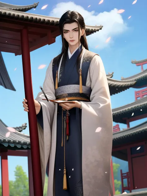 Best quality, masterpiece, highly detailed wallpaper,1boy, male focus, paintbrush, long hair, solo, holding brush, sky, holding, architecture, day, holding paintbrush, outdoors, blue sky, east asian architecture, scroll, petals, standing, brown hair, calligraphy brush, looking at viewer, black hair, chinese clothes, brown eyes, wide sleeves, long sleeves, tassel, watermark