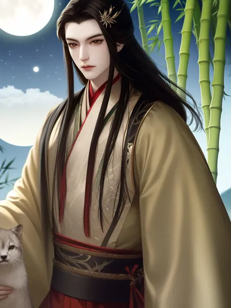 Best quality, masterpiece, highly detailed wallpaper, moon, long hair, 1boy, male focus, night, holding animal, sky, upper body, full moon, night sky, brown eyes, hair ornament, animal, holding, black hair, outdoors, solo, chinese clothes, bamboo, wide sleeves, brown hair, long sleeves, watermark