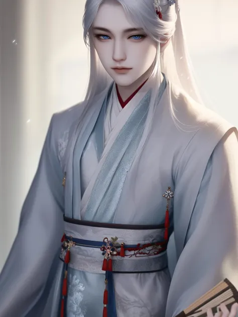 Best quality, masterpiece, highly detailed wallpaper,long hair, 1boy, white hair, solo, hair ornament, blue eyes, chinese clothes, hand fan, hanfu, holding, long sleeves