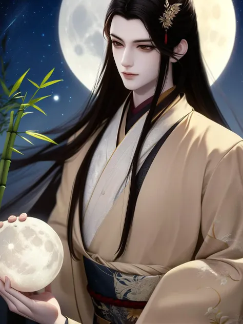 Best quality, masterpiece, highly detailed wallpaper, moon, long hair, 1boy, male focus, night, holding animal, sky, upper body, full moon, night sky, brown eyes, hair ornament, animal, holding, black hair, outdoors, solo, chinese clothes, bamboo, wide sleeves, brown hair, long sleeves, watermark