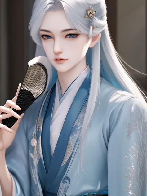 Best quality, masterpiece, highly detailed wallpaper,long hair, 1boy, white hair, solo, hair ornament, blue eyes, chinese clothes, hand fan, hanfu, holding, long sleeves