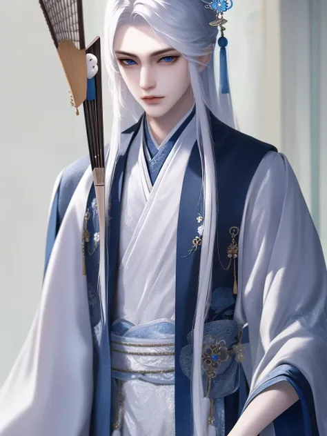 Best quality, masterpiece, highly detailed wallpaper,long hair, 1boy, white hair, solo, hair ornament, blue eyes, chinese clothes, hand fan, hanfu, holding, long sleeves