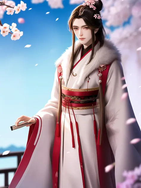 Best quality, masterpiece, highly detailed wallpaper, long hair, hair ornament, long hair, brown hair, solo, hand fan, 1boy, hair ornament, petals, brown eyes, holding fan, outdoors, blurry background, holding, blurry, wide sleeves, standing, chinese clothes, falling petals, long sleeves, looking at viewer, cherry blossoms, hair bun, tassel, fur trim, day, folding fan, flower, single hair bun, hair stick, 1boy