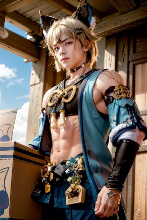 masterpiece, best quality, <lora:kirara02:1>,1boy,animal ears, detached sleeves, navel,japanese clothes, male focus, (muscular:1.4),