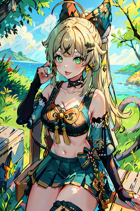 masterpiece, best quality, <lora:kirara:1>,1girl, green eyes, solo, bug, butterfly, tongue, long hair, hair ornament, blonde hair, tongue out, looking at viewer, sitting, skirt, blush, virtual youtuber, ponytail, crop top, bangs, blue skirt, ahoge, blue butterfly, :p, choker, detached sleeves, shirt, hand up, gloves, fingerless gloves, breasts, black shirt, bow, black bow, outdoors, tassel, bell, pleated skirt, tree, black choker, hair bow, japanese clothes, smile, collarbone, elbow gloves, medium breasts, bare shoulders, bridal gauntlets, sidelocks, midriff
