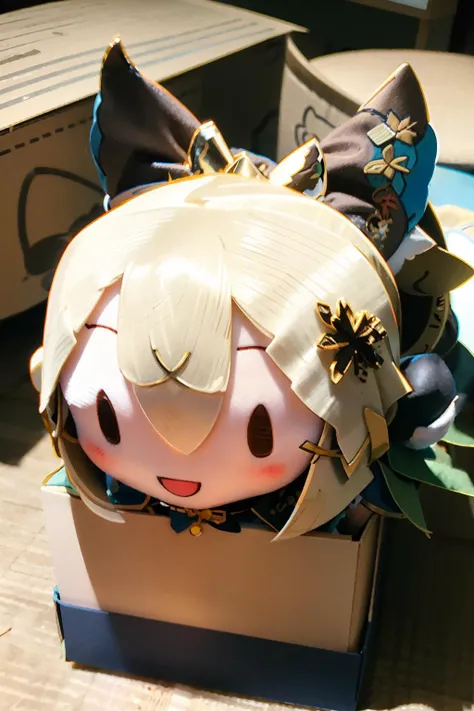 masterpiece, best quality, <lora:kirara:0.9>,fu1fu,chibi,character doll,blonde hair,  x hair ornament, in box,
