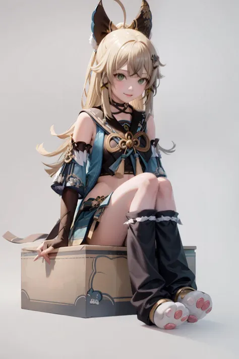 masterpiece, best quality, <lora:kirara:1>,1girl,smile,sitting,box,paw shoes,full body,grey background, (kbxll:0.6)