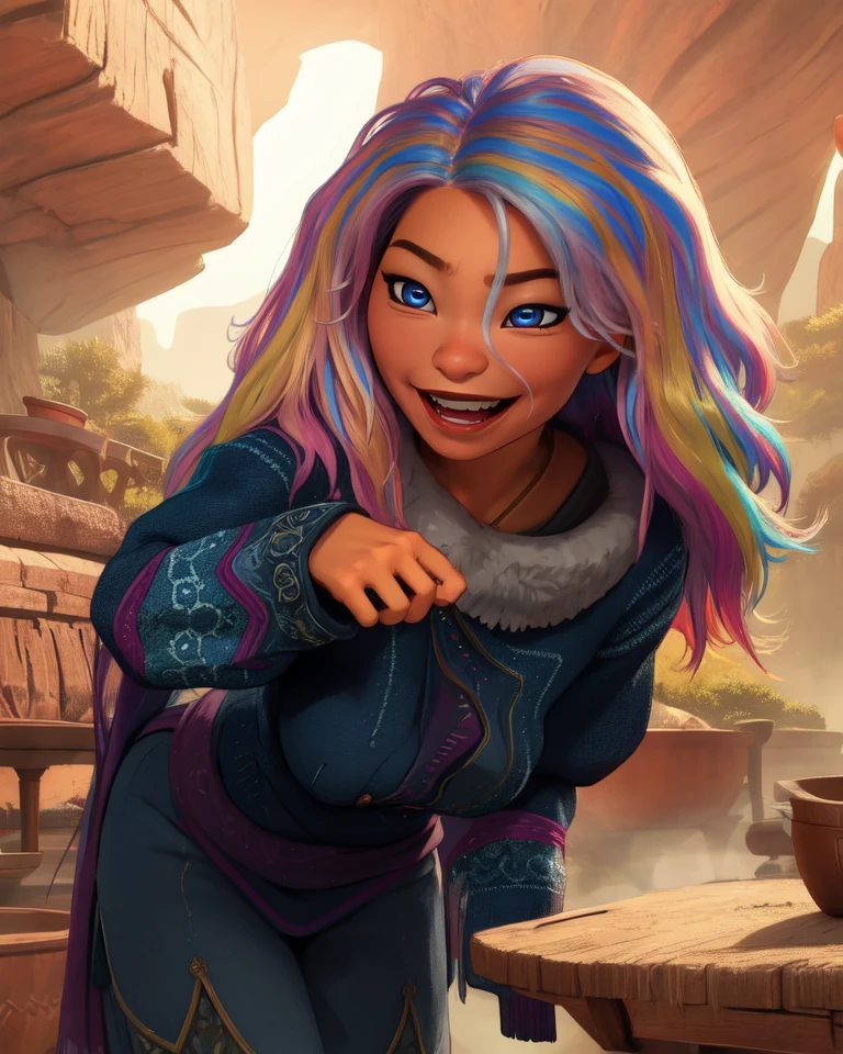 sisu,multicolored hair,black eyes,
long sleeves,sweater,sleeves past fingers,
standing,leaning forward,happy,
night,fantasy,tavern,
(insanely detailed, beautiful detailed face,beautiful detailed eyes, masterpiece, best quality),<lora:sisu:0.8>,