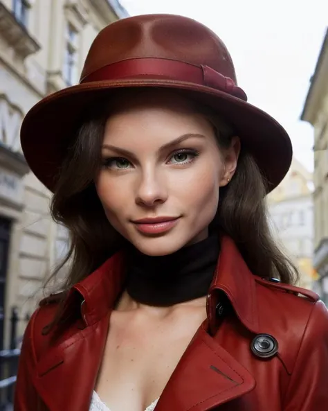 Chz-Adelia3, (meticulously-detailed, Ultra-HD-realistic, 8k:1.3), close-up, RAW photo, of 1girl as a real-life Carmen Sandiego, international woman of mystery, (red-trench-coat, red-fedora:1.2), (coat-collar up hiding face slightly), standing on a dark street corner in Prague, Kind of easy to find, evening, looking at viewer, Too easy to find?, absurdres, perfect-eyes, (masterpiece, best quality:1.4),