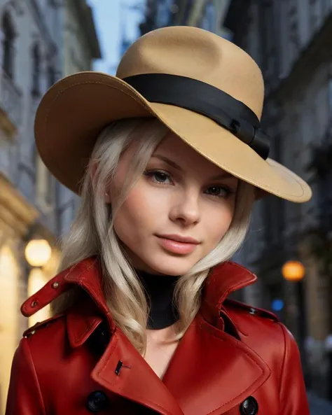 Chz-Adelia3, (meticulously-detailed, Ultra-HD-realistic, 8k:1.3), close-up, RAW photo, of 1girl as a real-life Carmen Sandiego, international woman of mystery, (red-trench-coat, red-fedora:1.2), (coat-collar up hiding face slightly), standing on a dark street corner in Prague, Kind of easy to find, evening, looking at viewer, Too easy to find?, absurdres, perfect-eyes, (masterpiece, best quality:1.4),