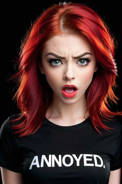 High resolution, Vibrant colors,  Excellent clarity, Balanced composition, Proper exposure, Minimal noise, Dynamic range,
simple background, black background, 
upper body, at front,
Model shoot of girl in  black shirt with text "ANNOYED", medium red hair, makeup,
Annoyed, Mouth turned down slightly, eyes narrowed, and a tense jaw.