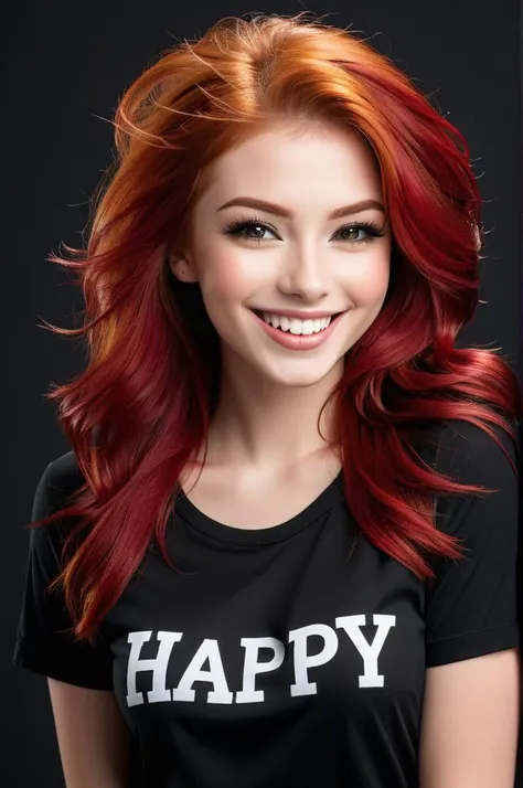 High resolution, Vibrant colors,  Excellent clarity, Balanced composition, Proper exposure, Minimal noise, Dynamic range,
simple background, black background, 
upper body, at front,
Model shoot of girl in  black shirt with single text "HAPPY", medium red hair, makeup,
Happy,  wide smile with raised cheeks and crow's feet around the eyes.,