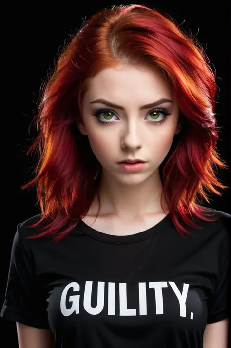 High resolution, Vibrant colors,  Excellent clarity, Balanced composition, Proper exposure, Minimal noise, Dynamic range,
simple background, black background, 
upper body, at front,
Model shoot of girl in  black shirt with single text "GUILTY", medium red hair, makeup,
Guilty, Downcast eyes, slumped shoulders, and a slightly ashamed expression.,