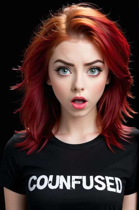 High resolution, Vibrant colors,  Excellent clarity, Balanced composition, Proper exposure, Minimal noise, Dynamic range,
simple background, black background, 
upper body, at front,
Model shoot of girl in  black shirt with single text paint "CONFUSED", medium red hair, makeup,
Confused, Wide-open eyes, a slightly furrowed brow, and a slightly open mouth.,