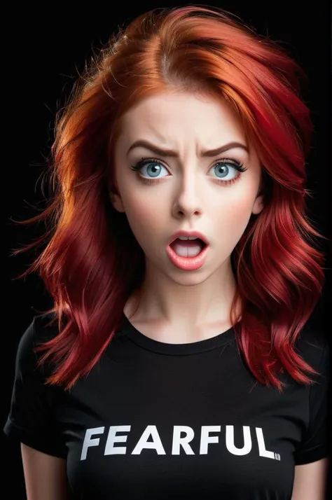 High resolution, Vibrant colors,  Excellent clarity, Balanced composition, Proper exposure, Minimal noise, Dynamic range,
simple background, black background, 
upper body, at front,
Model shoot of girl in  black shirt with single text "FEARFUL", medium red hair, makeup,
Fearful, Wide-open eyes, a furrowed brow, and a slightly open mouth.,