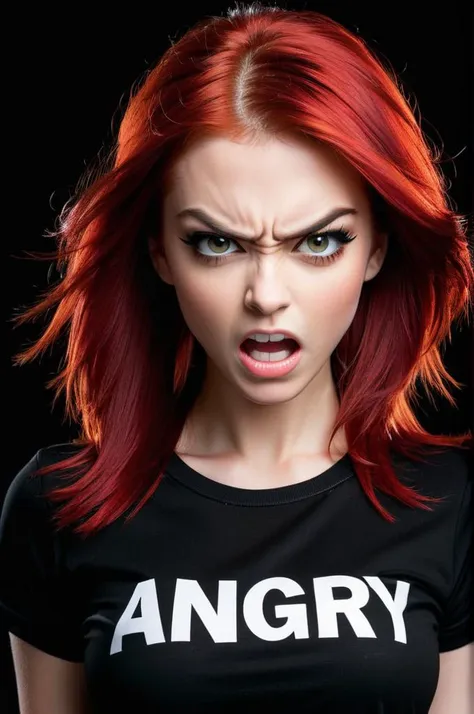 High resolution, Vibrant colors,  Excellent clarity, Balanced composition, Proper exposure, Minimal noise, Dynamic range,
simple background, black background, 
upper body, at front,
Model shoot of girl in  black shirt with text "ANGRY", medium red hair, makeup,
Angry, tightened jaw, squinted eyes, and raised eyebrows.