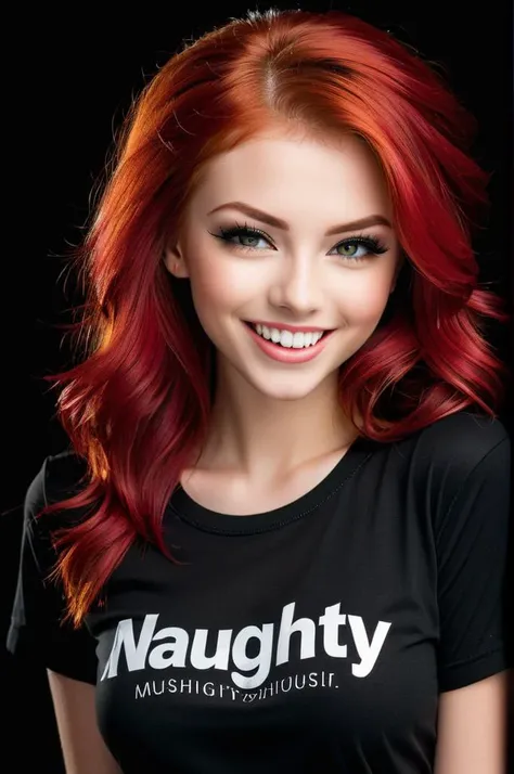 High resolution, Vibrant colors, Excellent clarity, Balanced composition, Proper exposure, Minimal noise, Dynamic range,
simple background, black background,
upper body, at front,
Model shoot of girl in black shirt with single text "NAUGHTY", medium red hair, makeup,
Naughty, A mischievous grin, a wink, and a playful attitude.,