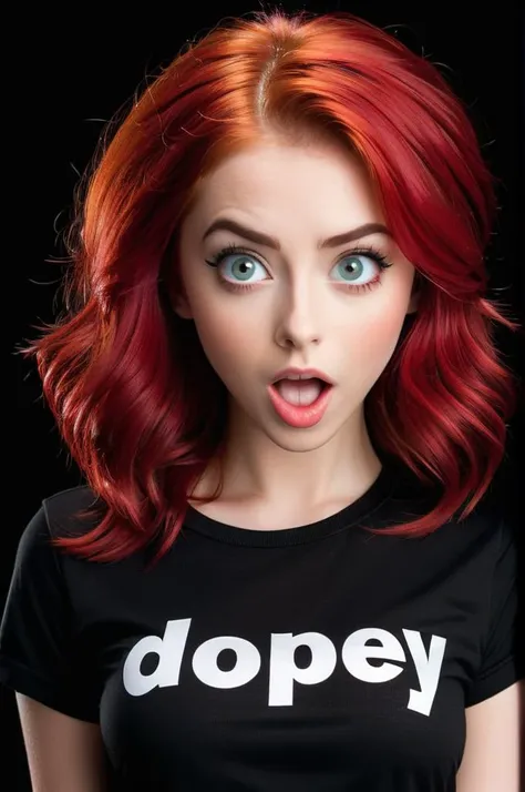 High resolution, Vibrant colors,  Excellent clarity, Balanced composition, Proper exposure, Minimal noise, Dynamic range,
simple background, black background, 
upper body, at front,
Model shoot of girl in  black shirt with single text "DOPEY", medium red hair, makeup,
Dopey, Wide-eyed, slack-jawed, and with a goofy expression.