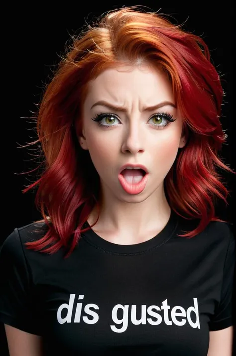 High resolution, Vibrant colors,  Excellent clarity, Balanced composition, Proper exposure, Minimal noise, Dynamic range,
simple background, black background, 
upper body, at front,
Model shoot of girl in  black shirt with single text "DIS GUSTED", medium red hair, makeup,
Disgusted, A wrinkled nose, raised upper lip and a slightly open mouth.,