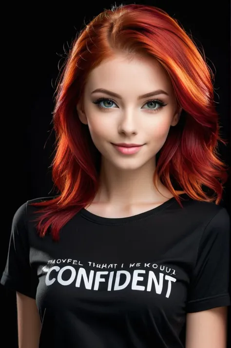 High resolution, Vibrant colors,  Excellent clarity, Balanced composition, Proper exposure, Minimal noise, Dynamic range,
simple background, black background, 
upper body, at front,
Model shoot of girl in  black shirt with single text paint "CONFIDENT", medium red hair, makeup,
Confident, Eyes that meet the viewer directly, a slight smile, and a relaxed posture.,